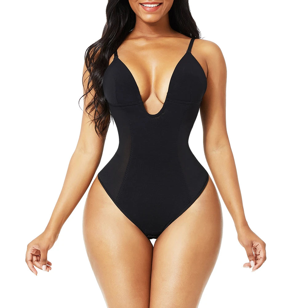 Deep V-Neck U Plunge Body Shaper Backless Thong Shaper