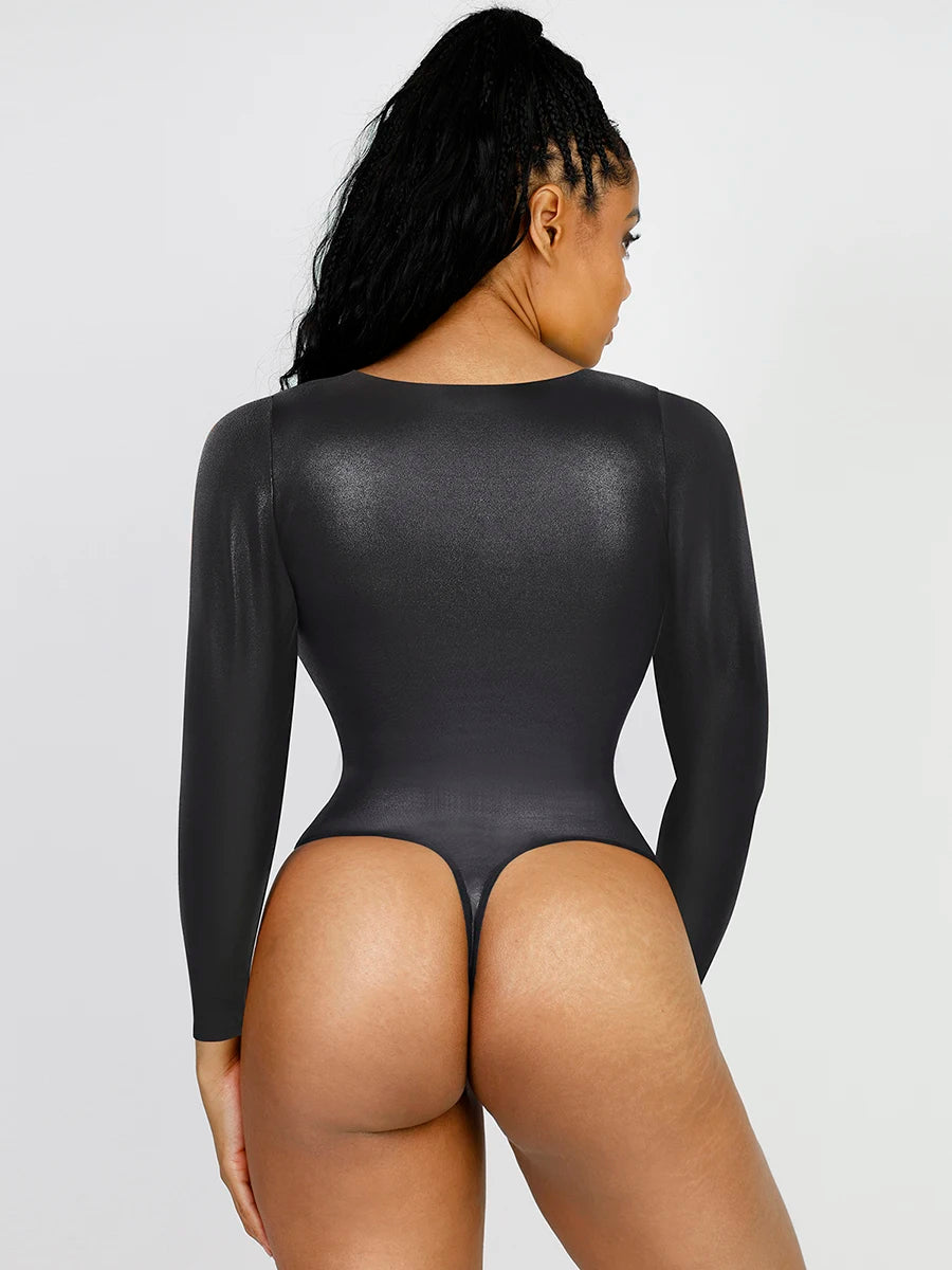 Faux Leather Deep V-neck Bodysuit